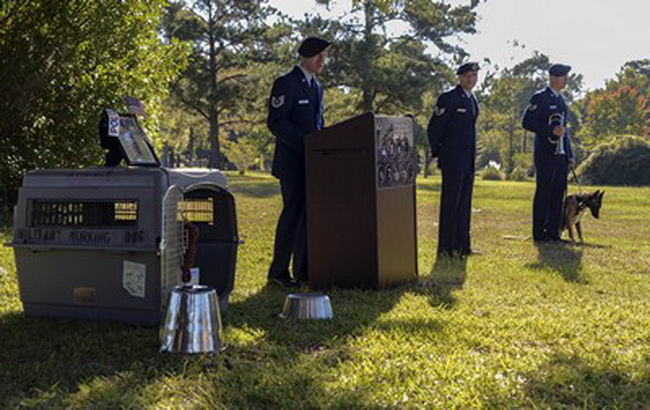 The 628th Security Forces Squadron Airmen hold a burial ceremony for military working dog Athos Oct. 24, 2013, at Joint Base Charleston – Air Base, S.C. Athos was born Aug. 1998 and passed away Oct. 2012. Athos served as a explosive detector dog for 11 years. He was returned to JB Charleston to be buried with his fellow military working dogs. (U.S. Air Force photo/ Airman 1st Class Chacarra Neal)